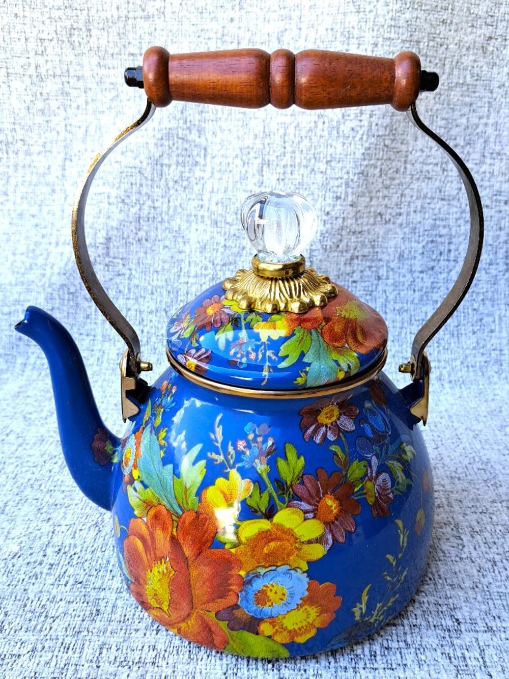MACKENZIE CHILDS BLUE FLOWER MARKET TEAPOT VINTAGE FIND TAIWAN STICKER ON BOTTOM